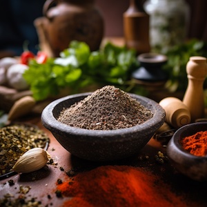 a bowl with grains in it, surrounded by food